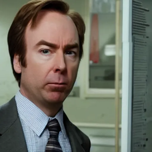 Prompt: Jimmy McGill or Saul Goodman is chimp with a machine gun, still from Breaking Bad,