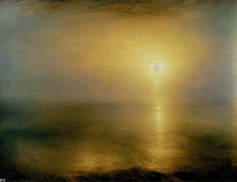 Image similar to sea, by JMW Turner, thick empasto oil paint, high textures, serene, cinematic, moonlight illuminating the scene