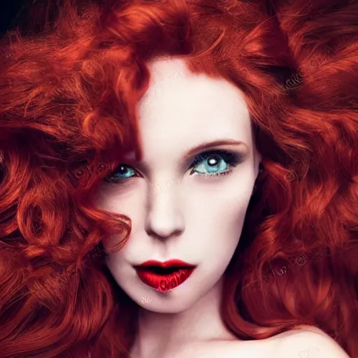 Prompt: perfect glamour model, long red wavy hair, perfect lips, pale skin, symmetrical face, dramatic, night, magazine cover, strong, photographic