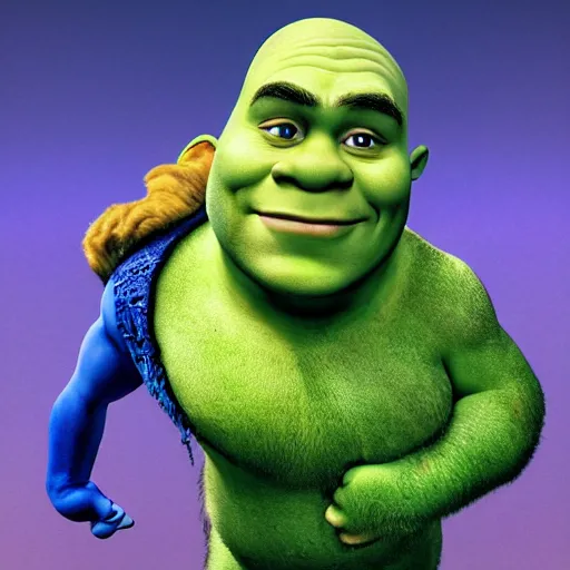 Image similar to shrek with blue skin