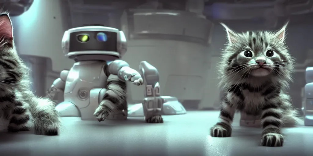 Prompt: a 3 d rendered movie of a cute robot kitten with whiskers. the robot has rgb lighting implants and it resembles a maine coon kitten. in the background is a cat tree ( cyberpunk ) for robots. dramatic lighting. science fiction blockbuster movie, imax 7 0 mm. octane 3 d render, style of mandalorian ( american space western television series ) but about robots