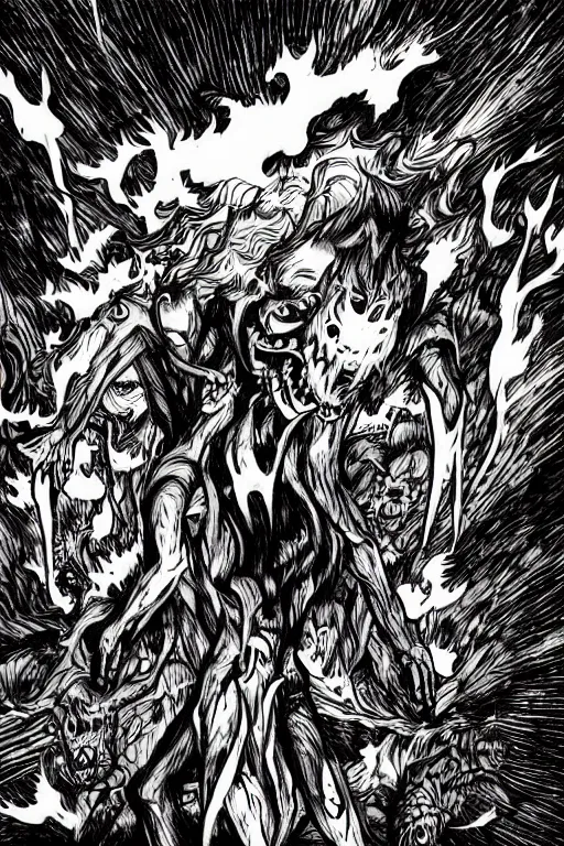 Image similar to demons attacking humans far away, fire, field, horror, trees, manga style,