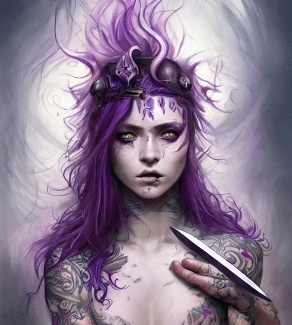 Image similar to beautiful female stabber stabbing soldier with knife, perfect face, intricate tattoos, purple flowing hair, crazy eyes, spraying blood, cinematic, blush, stunning, athletic, moist, strong, agile, highly detailed, hard focus, sensual lighting, art by jessica rossier and brian froud