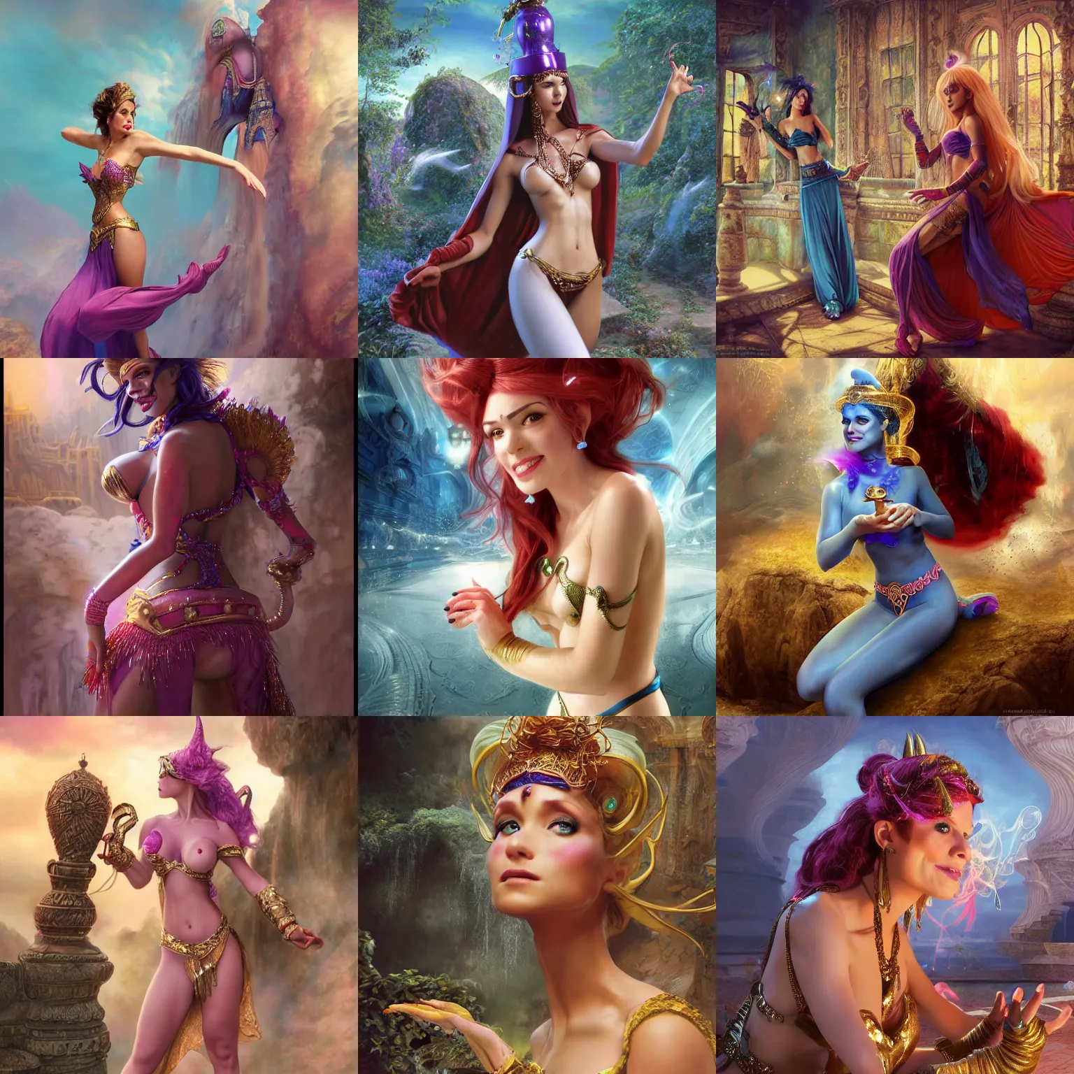 Prompt: surprised shocked woman who is dressed as a genie, woman transformed into a genie, trick, fantasy painting, woman, octane render, emotional, fantasy, manga, concept art, pose, photorealistic, cover shot, intricate detailed environment. vogue, 8 k, hd. by terry o'neill and artgerm and wlop and loish and rutkowski and mucha