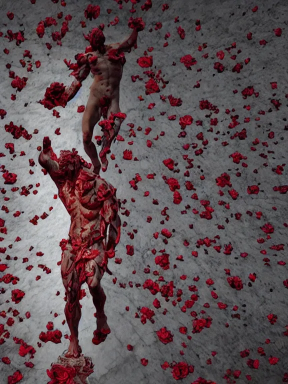Prompt: a falling man with many roses in the form of a liquid Greek sculpture Winged Victory of Samothrace. Gates of Hell by Auguste Rodin. bubbling red wax, super hero pose, skull, flowers, baroque. intricate. Trending on artstation. octane render, cinematic, hyper realism, octane render, 8k, depth of field, bokeh. iridescent accents. vibrant. teal and gold and red colour scheme