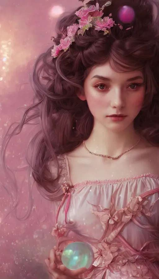 Image similar to portrait of magical lolita girl, dreamy and ethereal, pink eyes, peaceful expression, ornate frilly dress, fantasy, intricate, elegant, rainbow bubbles, highly detailed, digital painting, artstation, concept art, smooth, sharp focus, illustration, art by artgerm and greg rutkowski and alphonse mucha