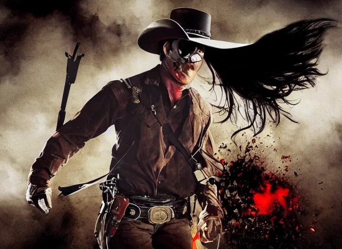 Image similar to a cowboy horse chase vigilantes with an eye masks disguise, lone ranger, shoot out, exploding horse limbs, blood guts, wide shot, from the hit 1 9 9 0 s tv show on tnt