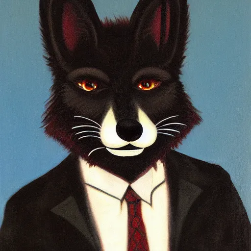 Image similar to portrait of a male anthro anthropomorphic black fox furry fursona with hands on eyes, wearing a suit, 1 9 7 0 s oil on canvas painting, by famous artist jylon denja