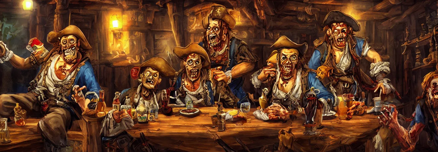 Image similar to Painting of zombie pirate LeChuck sitting in a tavern with his rival Guybrush Threepwood and grimly drinking grog, concept art