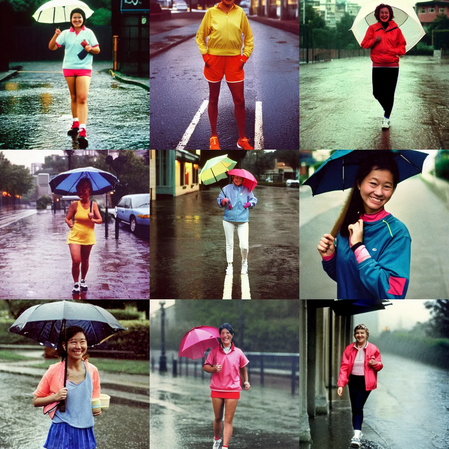 Prompt: A middle-shot from front, color outdoor photograph portrait of a smiling woman in tennis wear is walking on the rainy street, ambient lighting, 1990 photo from photograph Magazine.