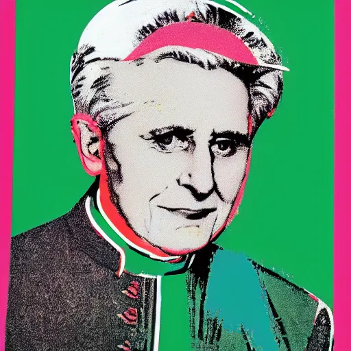 Image similar to portrait of pope benedict xvi wearing tiara on the top of his head in the style of screen print by andy warhol. pop art