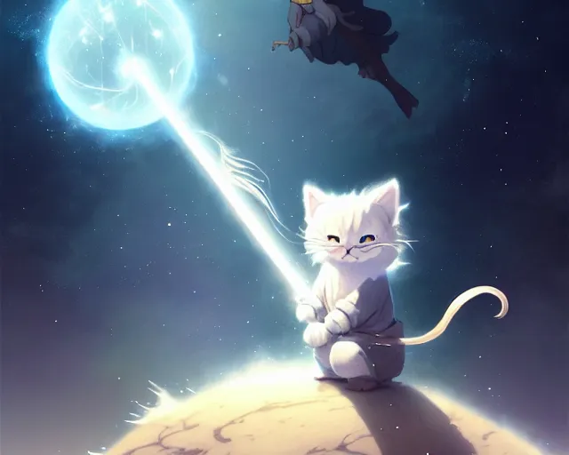 Image similar to one cartoonish kitty dressed as Gandalf floating alone in space, bright stars, anime, a fantasy digital painting by Greg Rutkowski and James Gurney, trending on Artstation, highly detailed