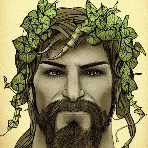 Prompt: male firbolg druid pointy ears with vines as hair hibiscus flowers detailed drawing