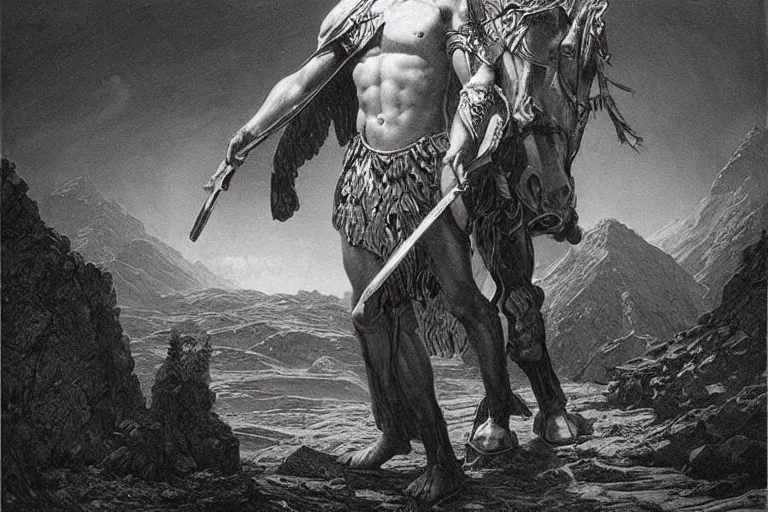 Image similar to highly detailed and cinematic romantic, edge of the universe, the great greek warrior with a spear, symmetrical face, magical, greek myth, masterpiece, from the book of the long sun by gene wolfe, highly detailed painting by gustave dore