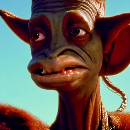 Image similar to film still of jar jar binks as a female cowgirl, long eyeslashes, big juicy lips, big seductive eyes