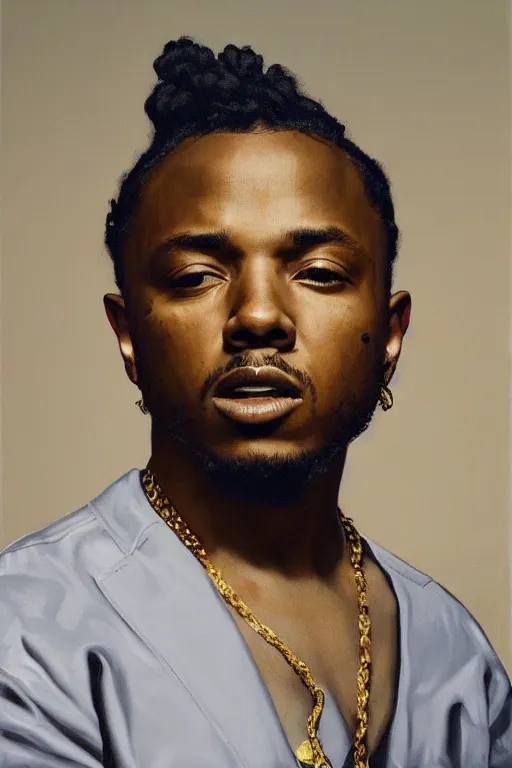 Prompt: Kendrick lamar, portrait by Kehinde Wiley!!, oil paint on canvas, brushstrokes,