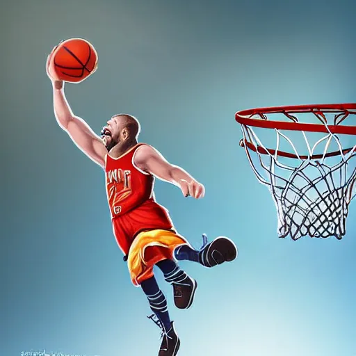 Prompt: a dwarf is dunking a basketball, digital art, highly detailed, realistic, bright colors, 8 k