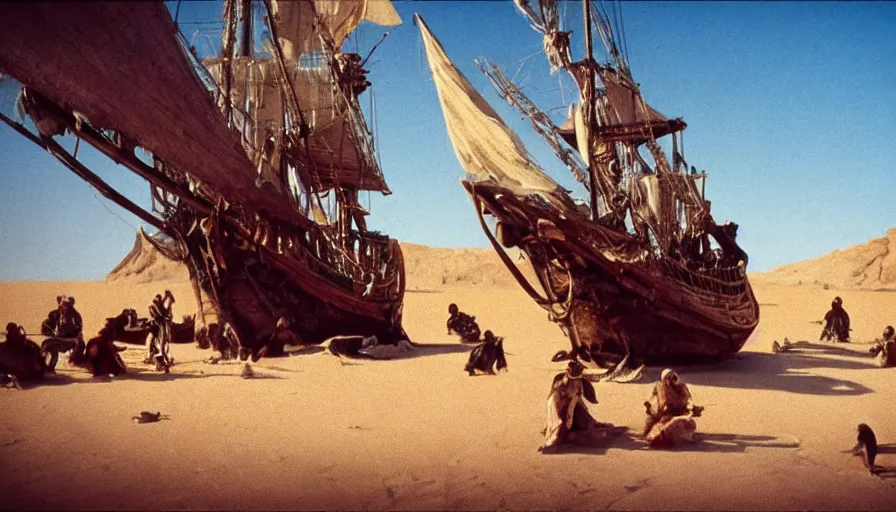 Image similar to movie still by alejandro jodorowsky of a pirate ship strange crew in the desert, cinestill 8 0 0 t eastmancolor technicolor, high quality, very detailed, heavy grain, fine facial features, 8 k, octane render