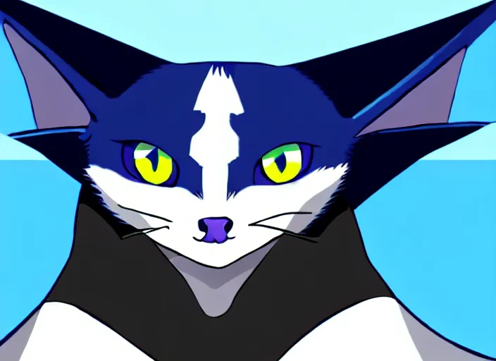 Image similar to a blue - and - black male catbat fursona with blue / green heterochromatic eyes ( differently - colored eyes, one eye green, one eye blue ) and huge bat ears, photo of the catbat streaming on his computer