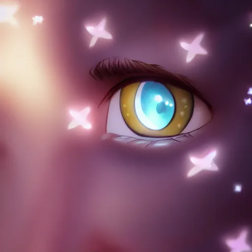 Image similar to a magical girl's eyes, stars are hidden in the eyes, 8 k, stunning, dream, highly detailed, super macro, surrealist, close - up view, makoto shinkai