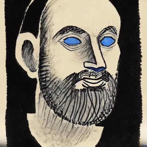 Prompt: portrait of bald bearded man with round face and blue eyes, minimalictic black and white art brut, ink, pencil