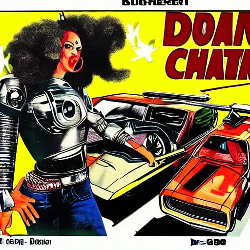 Prompt: b - movie poster, a heavily modified 1 9 7 0's dodge charger with a cow catcher and metal armor, a funky vixen with an afro, a gang of 1 9 7 0 s drug dealers, an explosion, 1 9 7 0's detroit building la