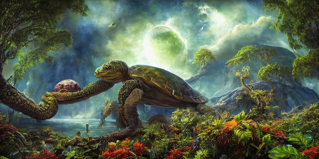 Prompt: fantasy oil painting, klattu spacecraft, outer worlds, great leviathan, turtle cephalopod terrapin reptilian pachyderm amphibian hybrid, rainforest mountains, lush plants flowers, epic natural light, bright clouds, luminous sky, bright cinematic key lighting, michael cheval, michael whelan, vray, 8 k hd