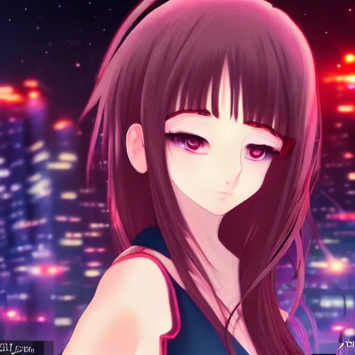 Image similar to Beautiful brunette anime girl with a gorgeous eyes gazing into the camera as the neon city behind her is on fire, award winning anime cartoon still, extremely detailed, extremely artistic, trending on art station