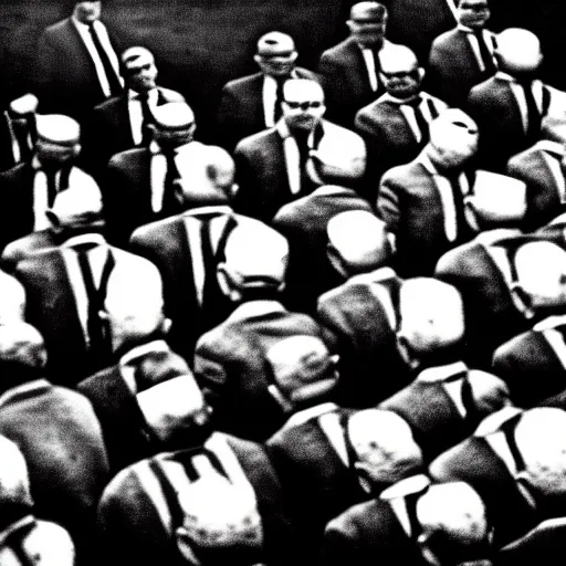 Image similar to The minions at the Nuremberg trials, monochrome, very low contrast, noise