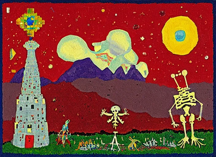 Image similar to pixel decollage painting tarot lovers card composition tower of babel road red armor maggot bear and wonky alien frog skeleton knight on a horse in a dark red cloudy night sky with golden foil jewish stars and diamonds, mountain lake and blossoming field in background, painted by Mark Rothko, Helen Frankenthaler, Danny Fox and Hilma af Klint, pixelated, neo expressionism, semi naive, pastel colors, cinematic, color field painting, cave painting, voxel, pop art look, outsider art, minimalistic. Bill Traylor painting, part by Philip Guston, Amano and Francis Bacon. art by Adrian Ghenie, very coherent symmetrical artwork, cinematic, hyper realism, high detail, octane render, unreal engine, Smooth gradients, depth of field, full body character drawing, extremely detailed, 8k, extreme detail, intricate detail, masterpiece