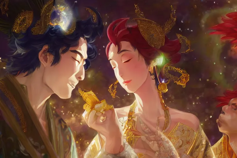 Image similar to close up moment of a divine a japan sun god and a moon goddess lovers magician at a wedding banquet, highly detailed, d & d, fantasy, 4 k realistic, digital painting, trending on artstation, concept art, sharp focus, illustration, art by makoto shinkai and akihiko yoshida and daniel gerhartz