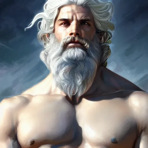 Image similar to portrait of mighty zeus, greek god, white hair, soft hair, d & d, muscular, hairy torso, fantasy, intricate, elegant, highly detailed, digital painting, artstation, concept art, smooth, sharp focus, illustration, art by artgerm and greg rutkowski and alphonse mucha