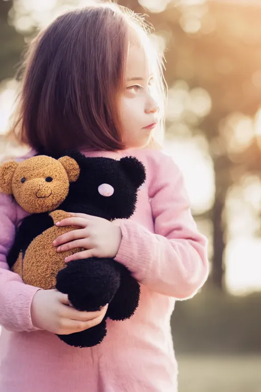 Image similar to canon, 30mm, bokeh, girl holding a teddy bear, snuggly, black hair, sunset, contrejour