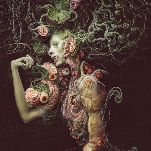 Image similar to a beautiful detailed rococo 8 0's photo of a rotten woman corpse morphing into fractal plants and fractal flowers and mushrooms, face muscles, veins, anatomical, intricate, ornate, volumetric light, beautiful lit, beetlejuice