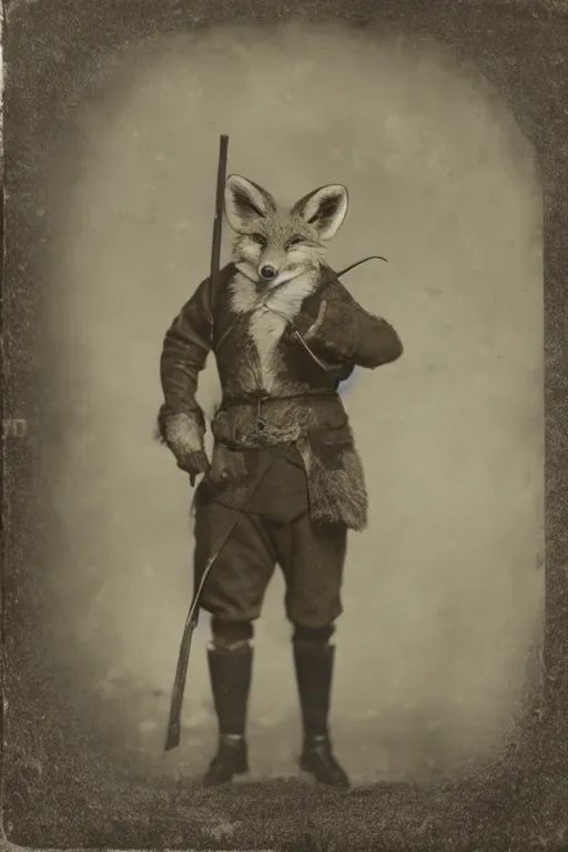 Image similar to a wet plate photo of an anthropomorphic fox dressed as robin hood