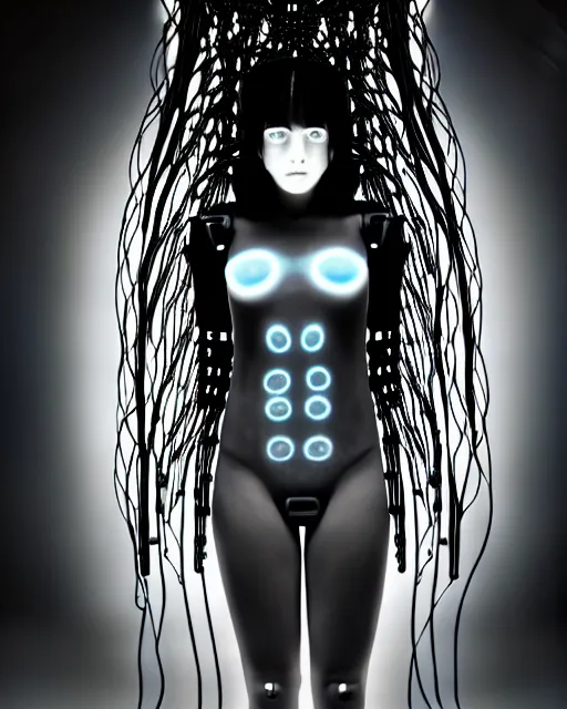 Image similar to black and white young female-cyborg-human-jellyfish-plant high quality photo, microchip, artificial intelligence, bio-mechanical bio-luminescence, black wired cables, neurons, nerve cells, octane render, cinematic, rim light, hyper realism, photo-realistic, high detail, 8k, masterpiece, high fashion, in the style of Dora Maar