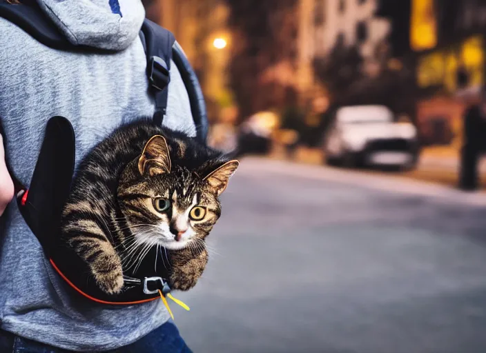 Image similar to photography of a Cat being carried in a backpack . in a new york street. award winning photo, led lighting, night, 130mm, sharp, high res