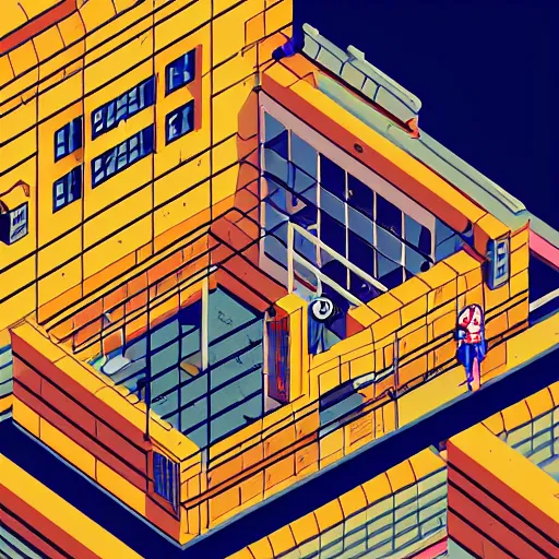 Prompt: isometric cyborg warehouse, sprite, graphic novel, visual novel cg, 8 0 s anime vibe, kimagure orange road, maison ikkoku, trending on artstation, 2 d hd, 3 2 x 3 2