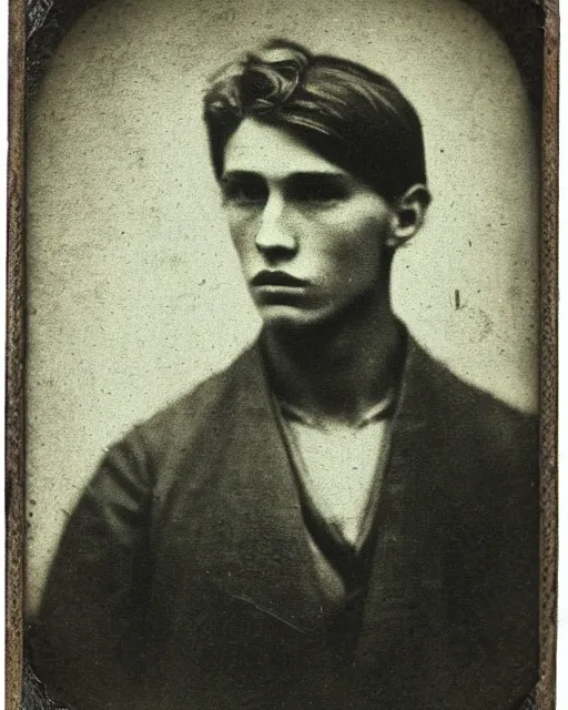 Image similar to tintype photo of alyosha karamazov, handsome innocent young russian man, by julia margaret cameron 1 8 8 0 s, realistic, body shot, sharp focus, 8 k high definition, insanely detailed, intricate, elegant