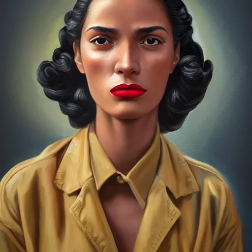 Image similar to A Hearts of Iron IV portrait of a Cuban young woman with high cheekbones. Good bone structure. Dressed in 1940s style. Highly detailed, fine Art, high detail, great lighting, 8k resolution, masterpiece, concept art, illustration, clear eyes, painting oil on canvas, octane render, HDR, trending on artstation, 4k, 8k, HD