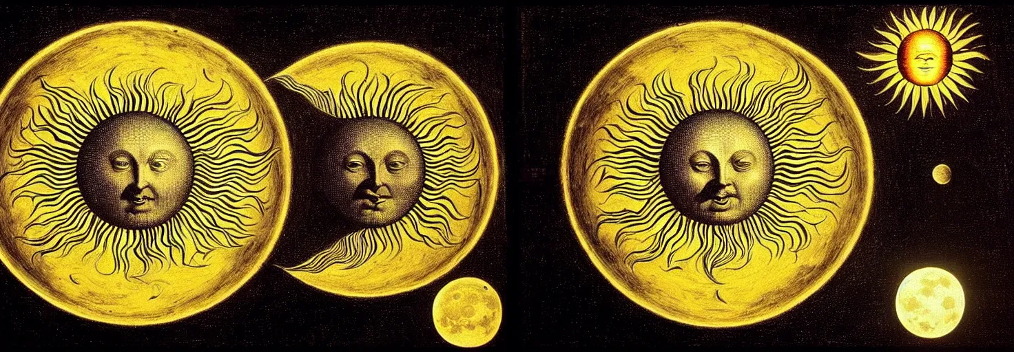 Image similar to a giant sun sings a unique canto about'as above so below'to the the moon, while being ignited by the spirit of haeckel and robert fludd, breakthrough is iminent, glory be to the magic within, in honor of saturn, painted by ronny khalil