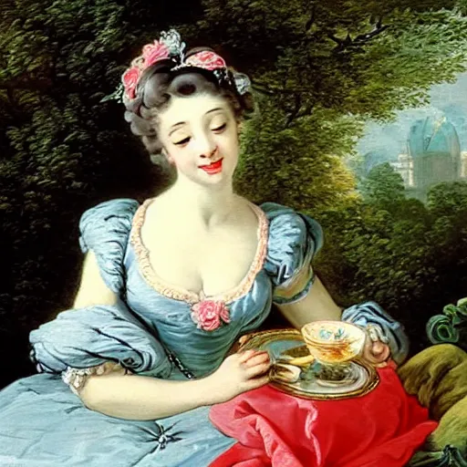 Prompt: a beautiful painting of a woman sipping tea in a park by francois boucher