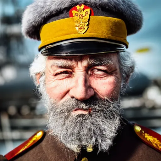 Prompt: a old man in officer suit of russian empire, gray hair and beard, giant yellow dieselpunk ship on background, colored, photorealistic, high detailed, smooth, sharp focus, real life photo, face details, highfleet, 4 k