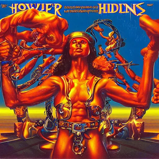 Prompt: power games. artwork for 1 9 8 0 s heavy metal album by greg hildebrandt