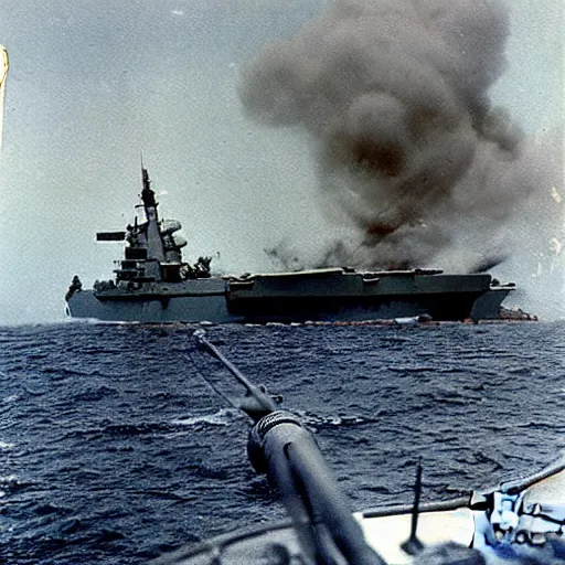 Image similar to view from the deck of a batteship firing a broadside, kamikaze planes diving, world war ii, high resolution colour photo