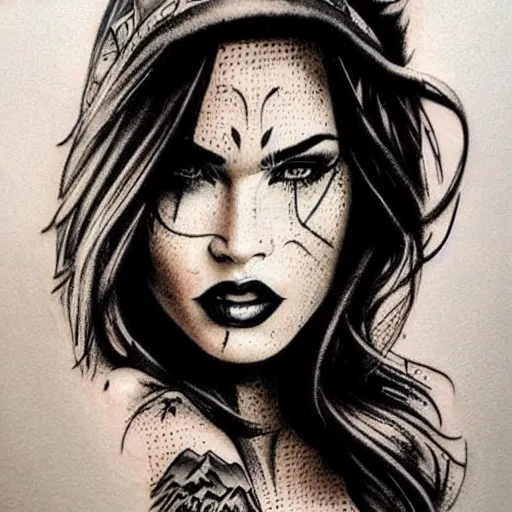 Image similar to tattoo design sketch of megan fox mash up effect with beautiful mountain scenery, in the style of matteo pasqualin, amazing detail