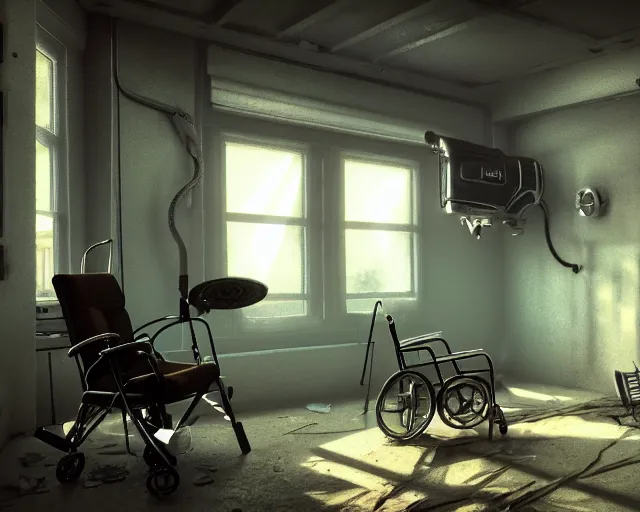 Prompt: artstation scifi scene an old ward, one ceiling fan, wheelchair, crutches, bed, dust, paneled walls, window, summer unreal engine 5, hyper realism, realistic shading, cinematic composition, blender render, octane render, hdr, detailed textures, photorealistic, wide shot