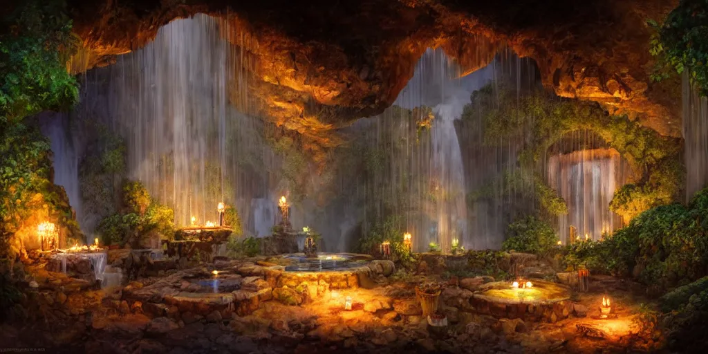 Prompt: detailed interior of cozy hotsprings hidden inside a cave, small waterfalls, lush vegetation, flowers, towels, plates of fruit, candlelight, digital painting, concept art, light shafts, stunning atmosphere, by gerald brom, cinematic lighting
