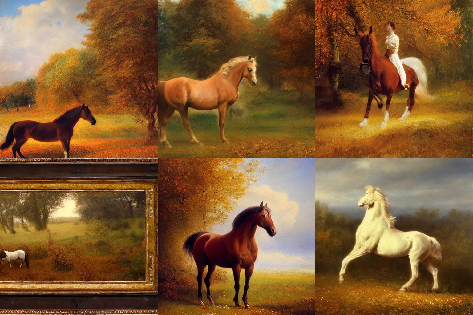 Prompt: a stunning horse in a dreamy autumn landscape painted by rosa bonheur reimagined by industrial light and magic