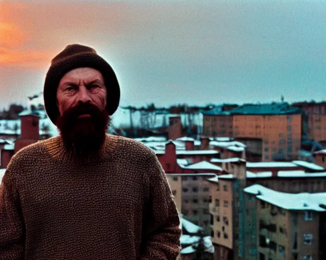 Image similar to award - winning lomographic tarkovsky film still of 4 0 years russian man with beard and sweater standing on small hrushevka 9 th floor balcony in taiga looking at sunset, cinestill, bokeh